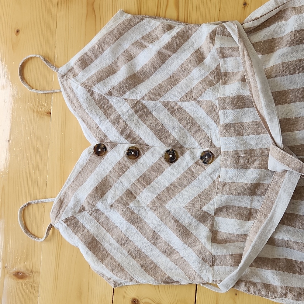 Kensie Jumpsuit Striped Cotton Linen Wide Leg Tan White Romper L - Picture 3 of 16